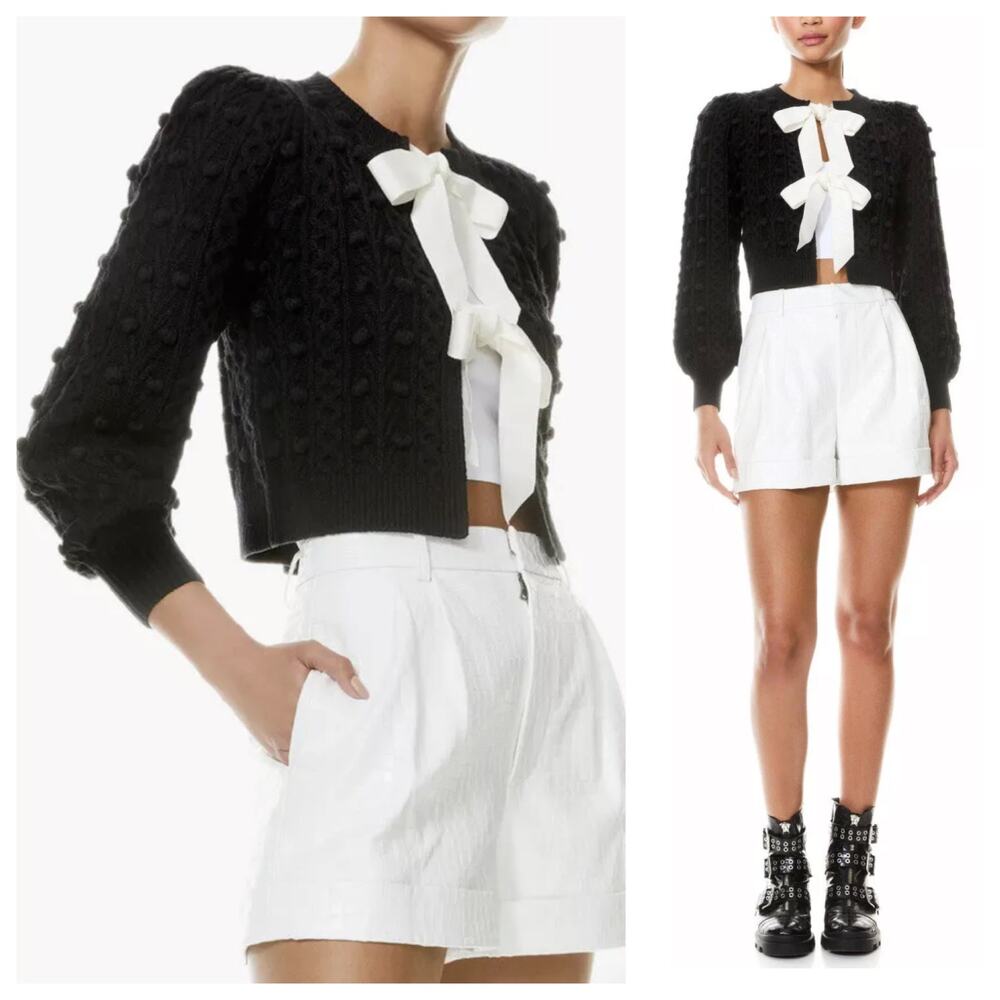 ALICE + OLIVIA Black Kitty Cardigan Chunky Knit Sweater Cream White Bows Large